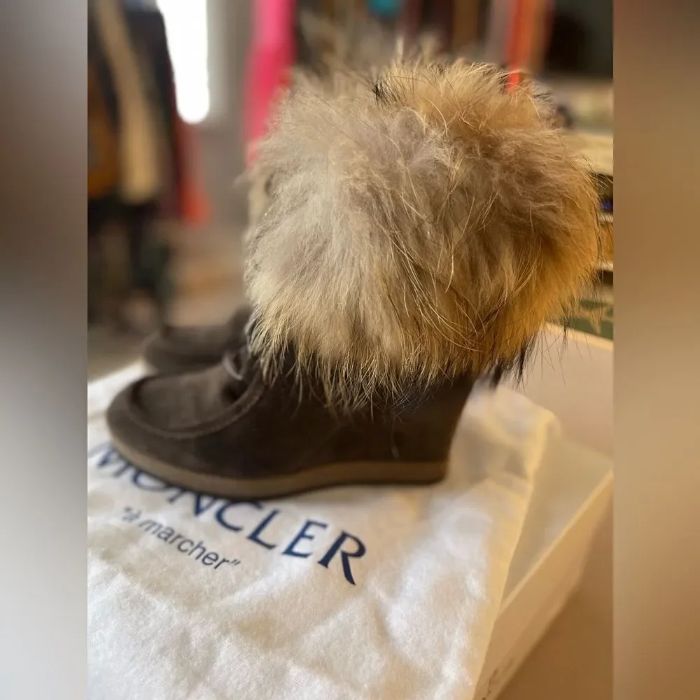 Moncler Charlotte Suede Wedge Boots with Fur Trim (Size 37) NWT Box and dustbag. - Picture 2 of 8